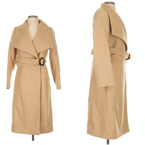 Mango Camel Wide Lapel Manteco Wool Belted Wrap Trench Coat - Picture 2 of 12